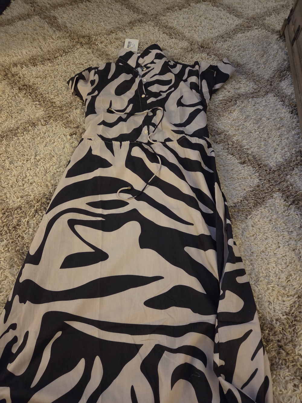 Neutral and Black Zebra-Print Maxi Dress with Tie Waist